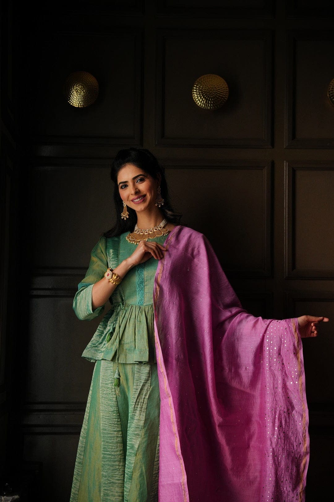 Tissue Banarsi Silk Co - ord Set - Green - Charkha TalesTissue Banarsi Silk Co - ord Set - Green