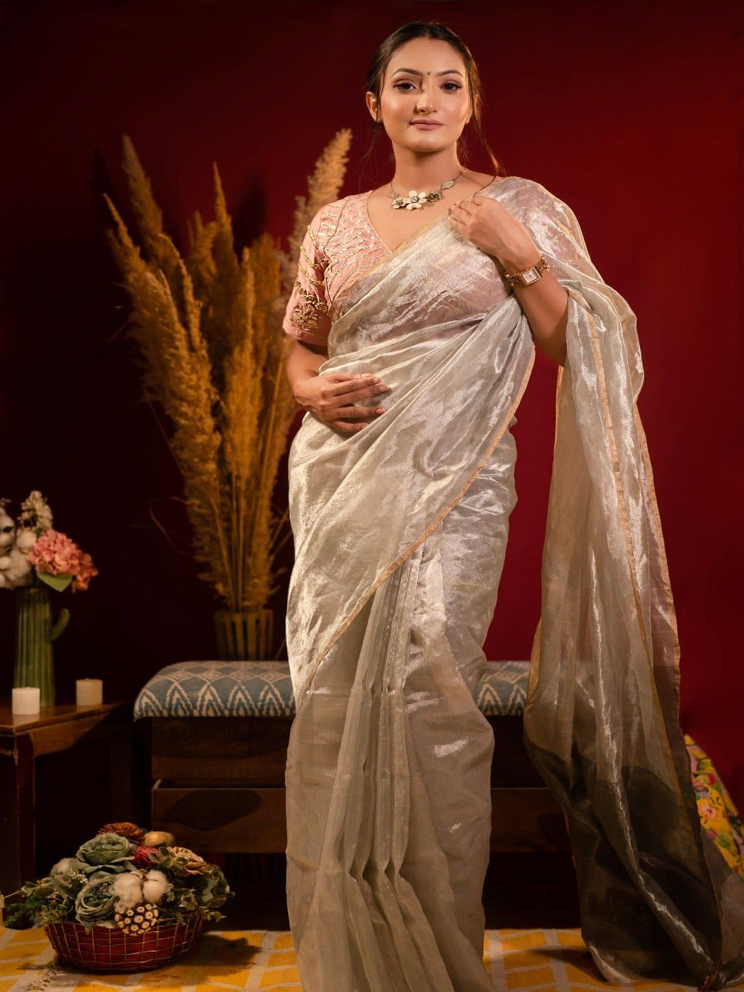 Tissue Chanderi Saree - Silver - Charkha TalesTissue Chanderi Saree - Silver