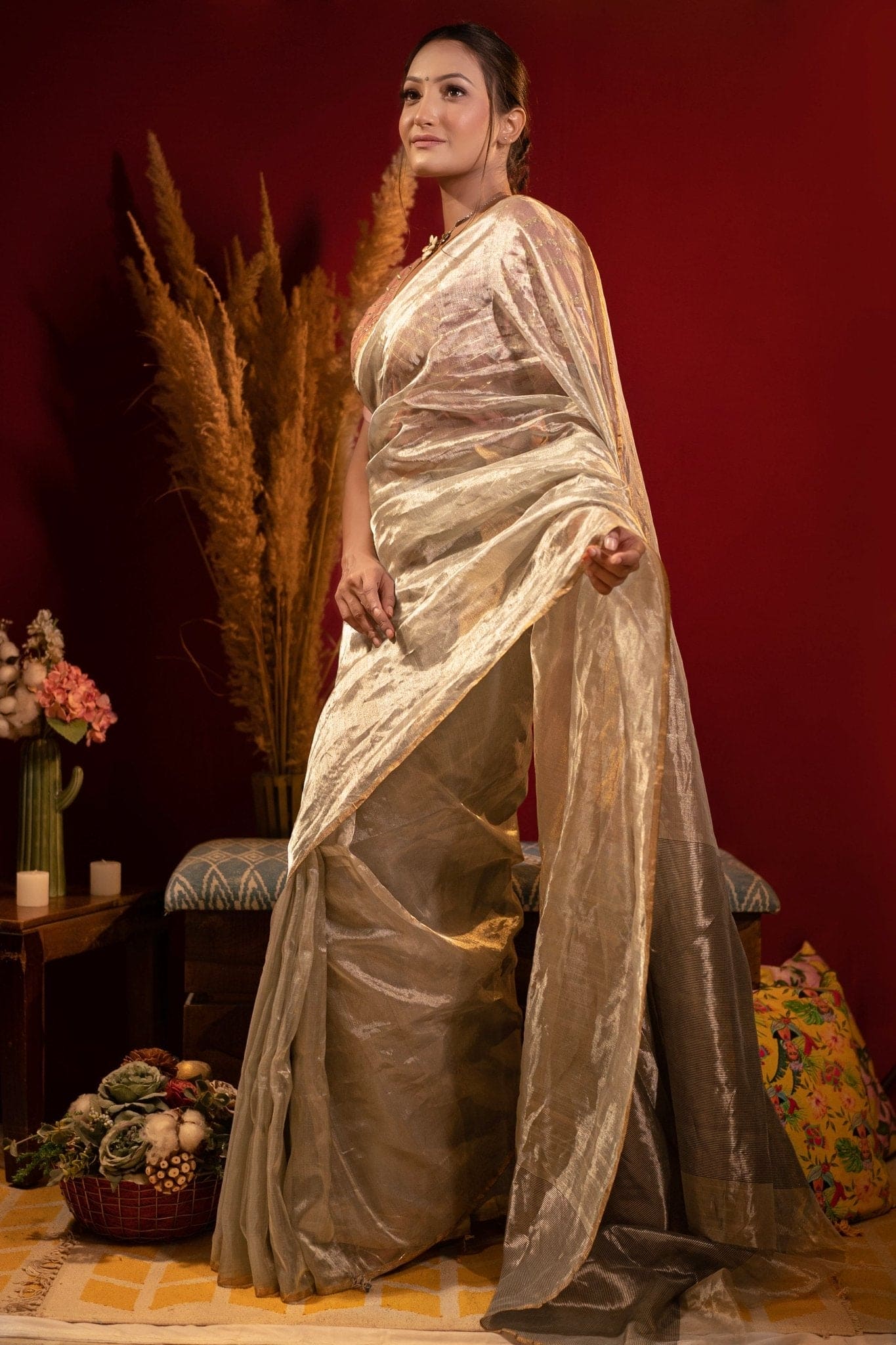 Tissue Chanderi Saree - Silver - Charkha TalesTissue Chanderi Saree - Silver