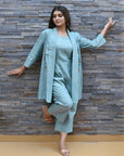 Turquoise Bold Bloom Jumpsuit With Shrug - Charkha TalesTurquoise Bold Bloom Jumpsuit With Shrug