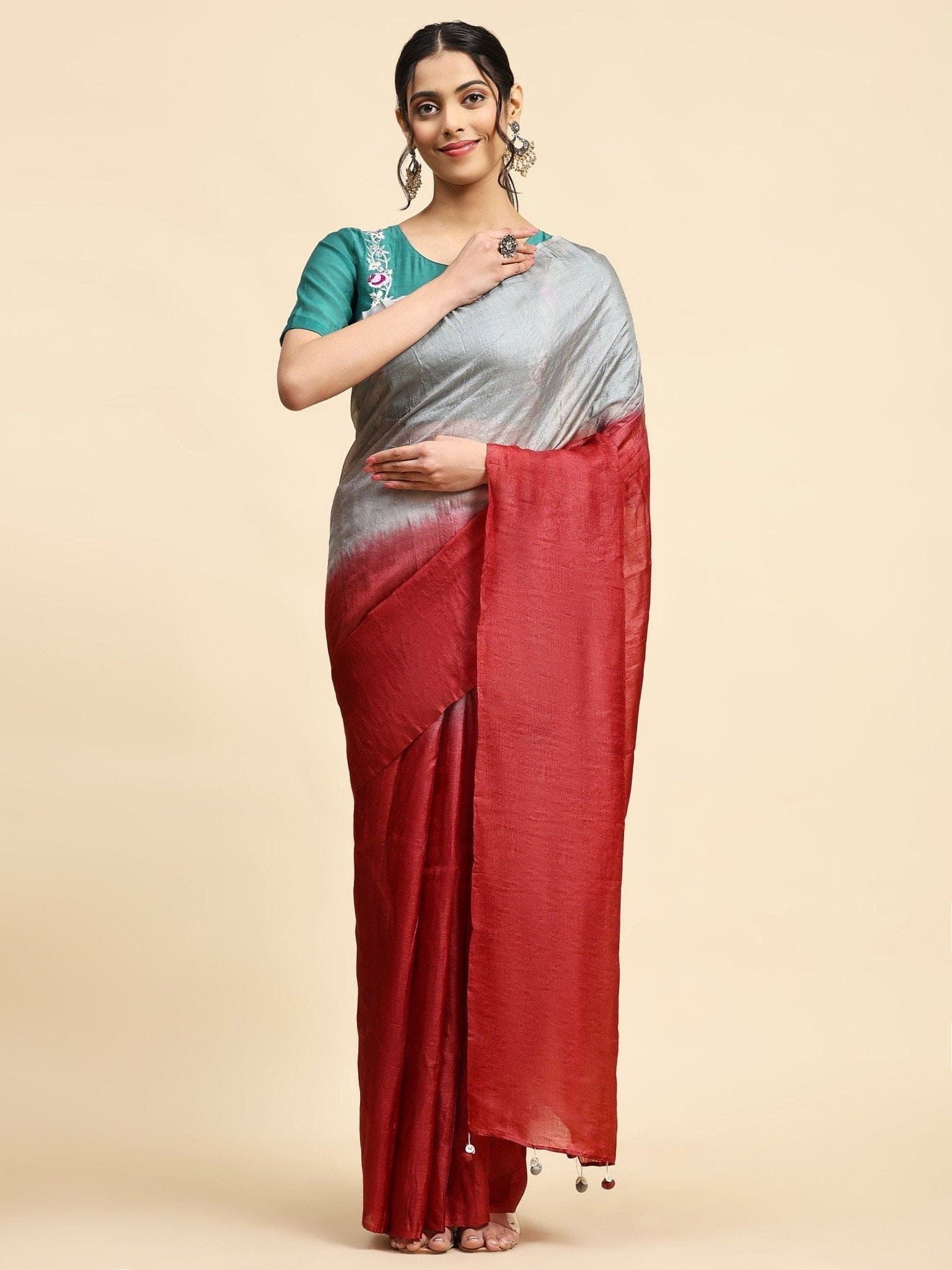 Tussar Silk Saree - Maroon & Grey - Charkha TalesTussar Silk Saree - Maroon & Grey