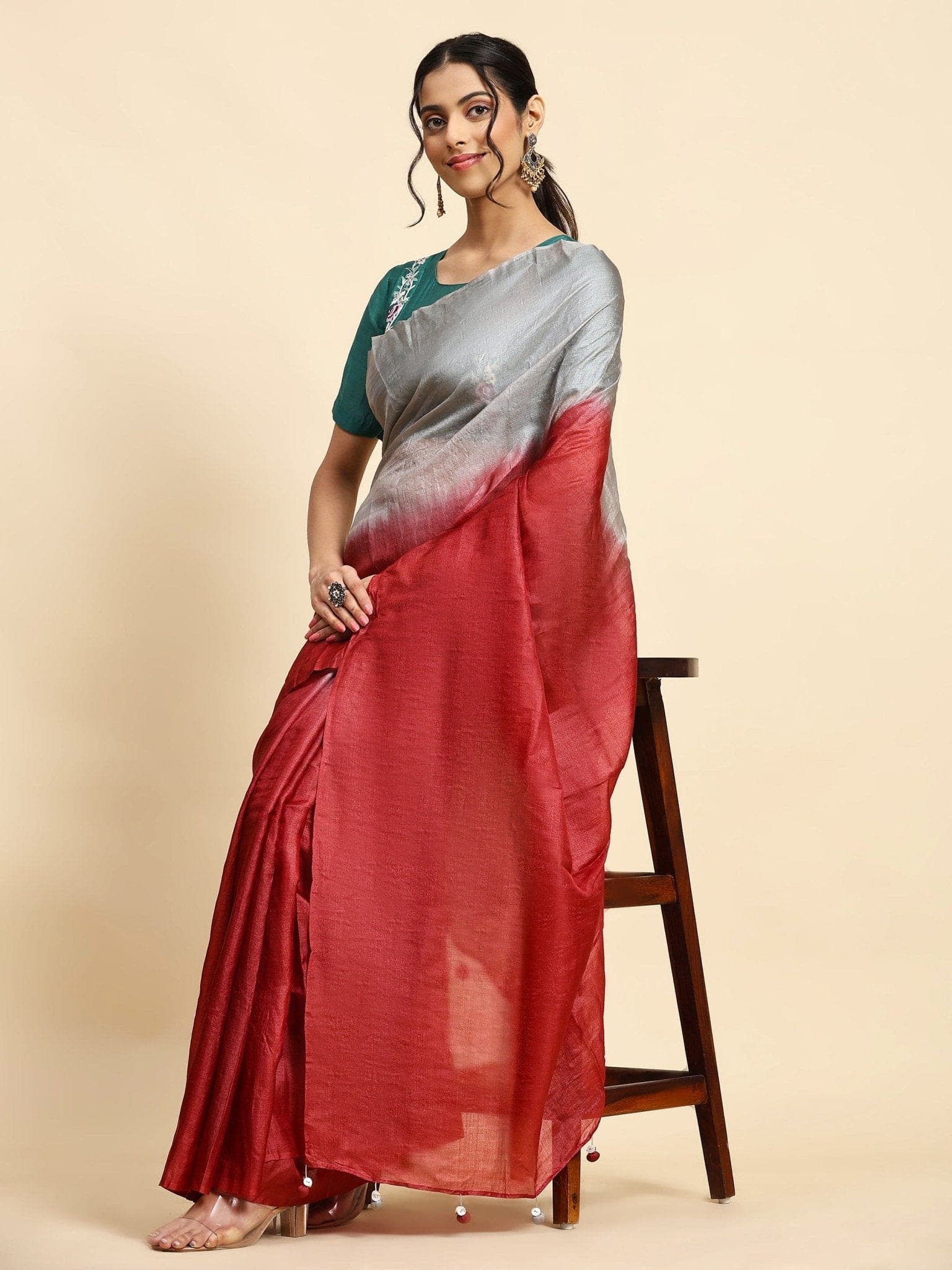 Tussar Silk Saree - Maroon & Grey - Charkha TalesTussar Silk Saree - Maroon & Grey