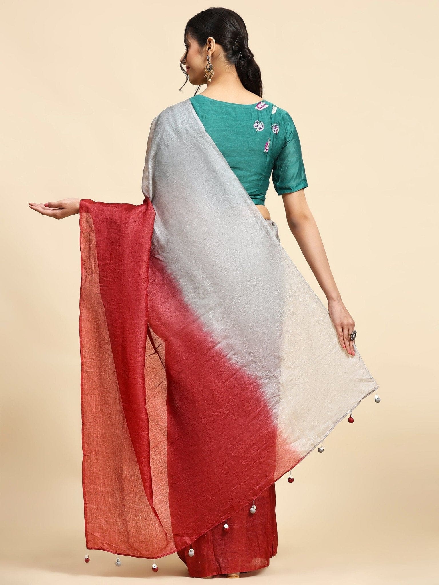 Tussar Silk Saree - Maroon & Grey - Charkha TalesTussar Silk Saree - Maroon & Grey