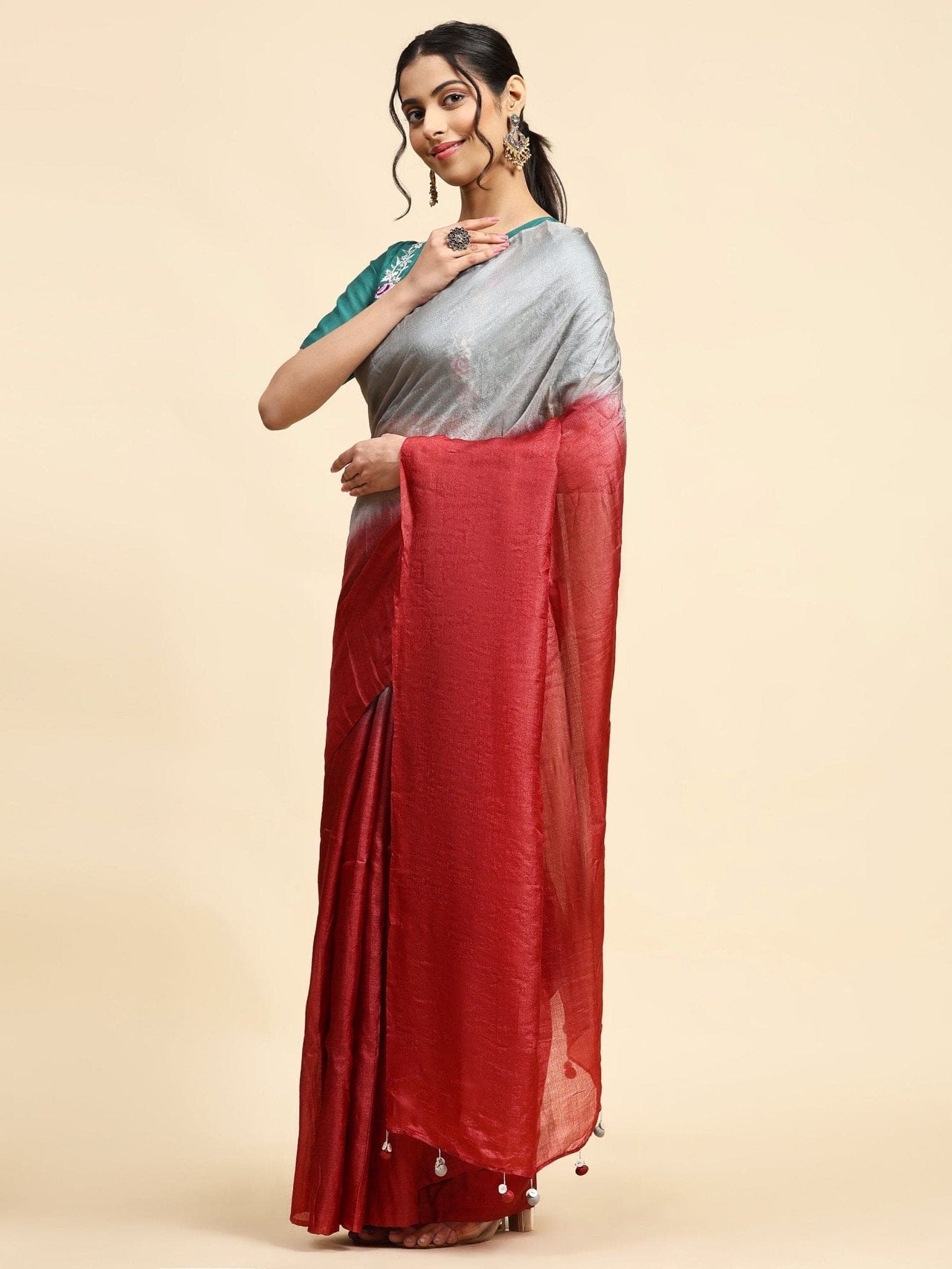Tussar Silk Saree - Maroon & Grey - Charkha TalesTussar Silk Saree - Maroon & Grey