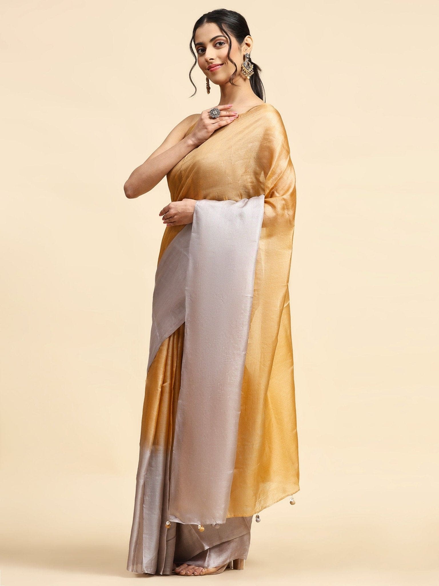 Tussar Silk Saree - Mustured Yellow & Copper - Charkha TalesTussar Silk Saree - Mustured Yellow & Copper