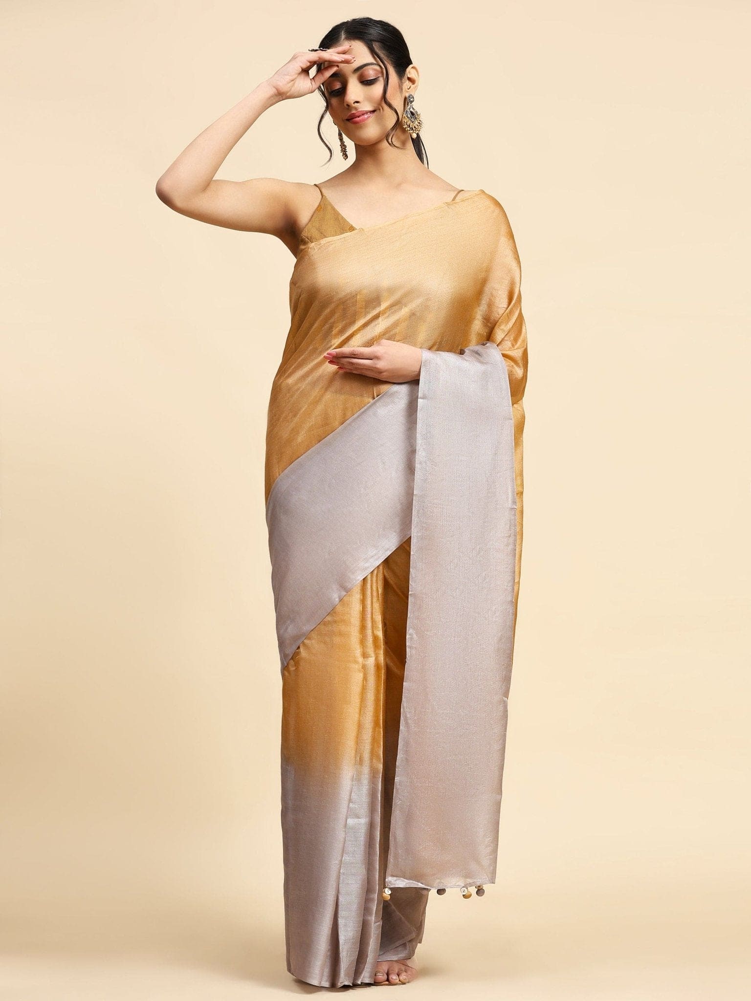 Tussar Silk Saree - Mustured Yellow & Copper - Charkha TalesTussar Silk Saree - Mustured Yellow & Copper