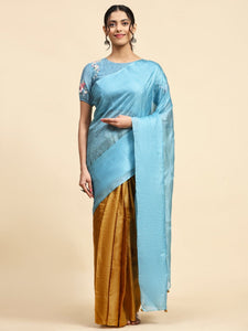 Tussar Silk Saree - Ocean Blue & Mustured