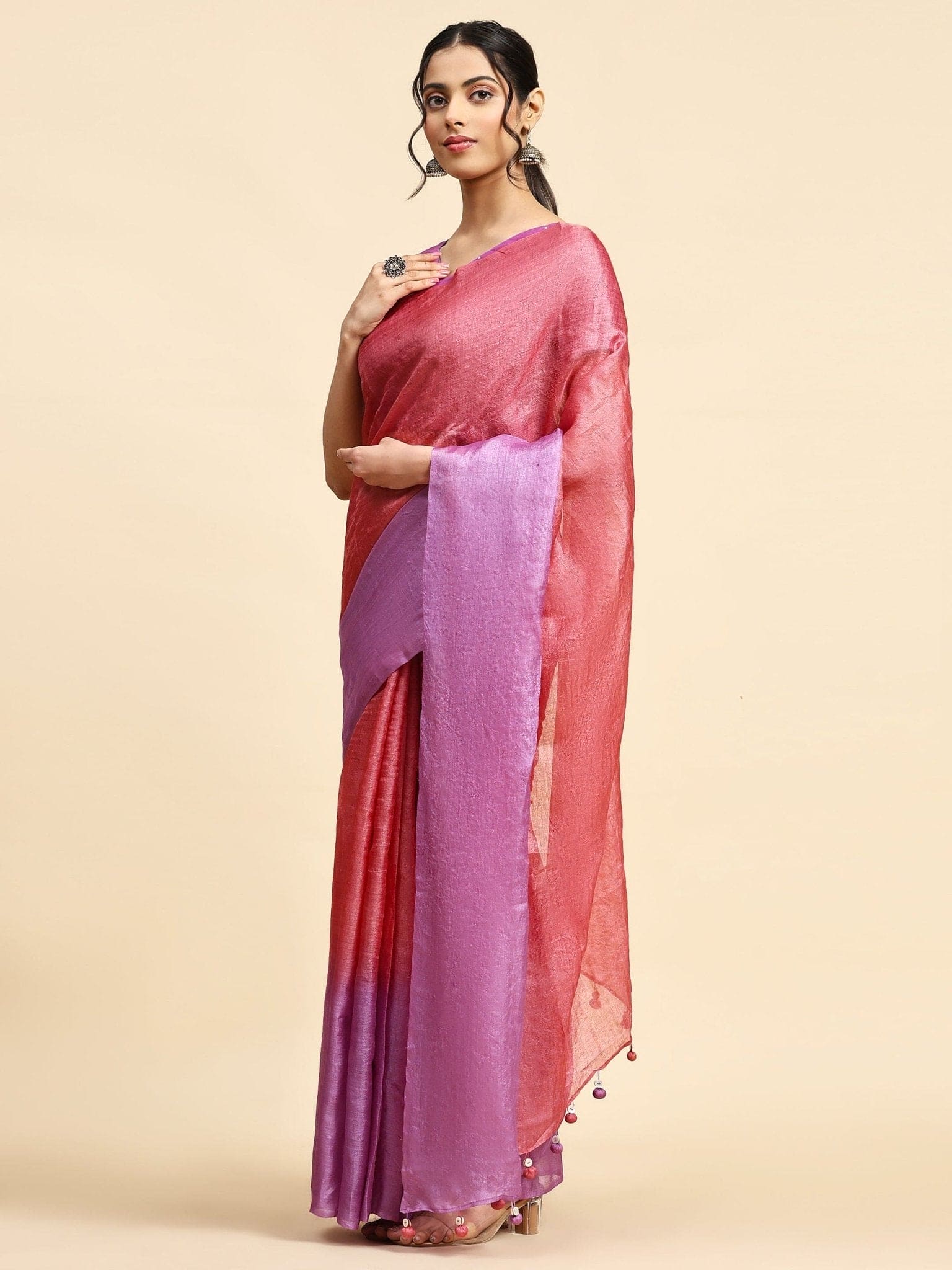 Tussar Silk Saree - Pink & Magenta - Charkha TalesTussar Silk Saree - Pink & Magenta