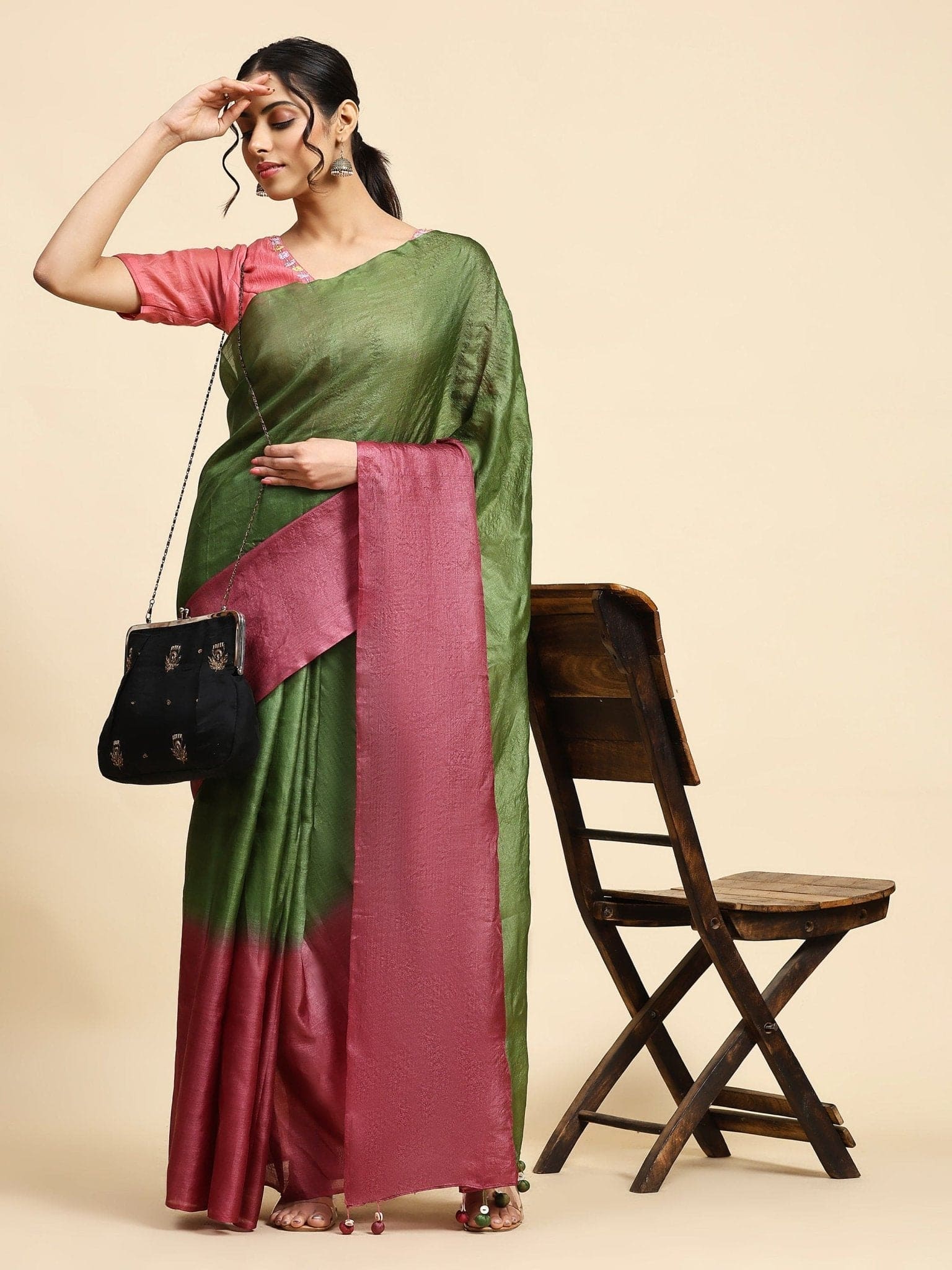 Tussar Silk Sarees - Green & Pink - Charkha TalesTussar Silk Sarees - Green & Pink