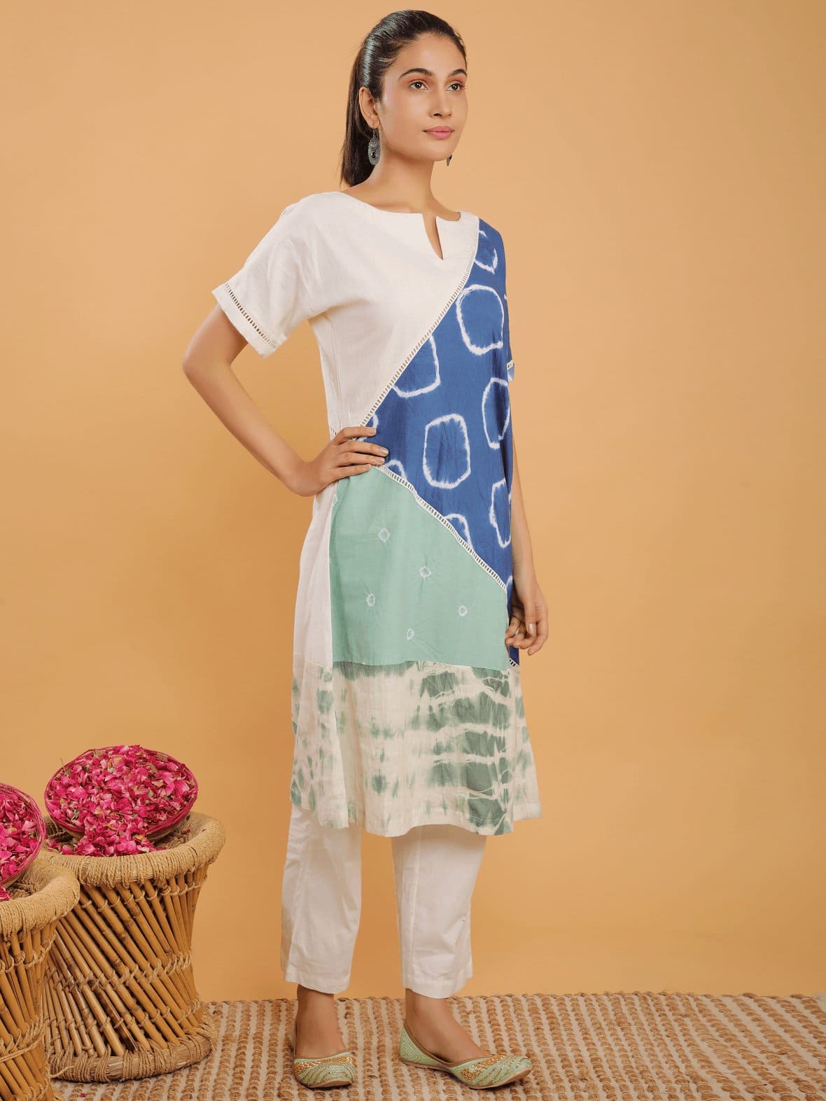 Upcycled Shift A - Line Kurta Set - Blue - Charkha TalesUpcycled Shift A - Line Kurta Set - Blue