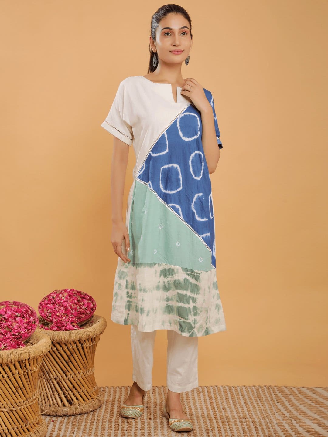 Upcycled Shift A - Line Kurta Set - Blue - Charkha TalesUpcycled Shift A - Line Kurta Set - Blue