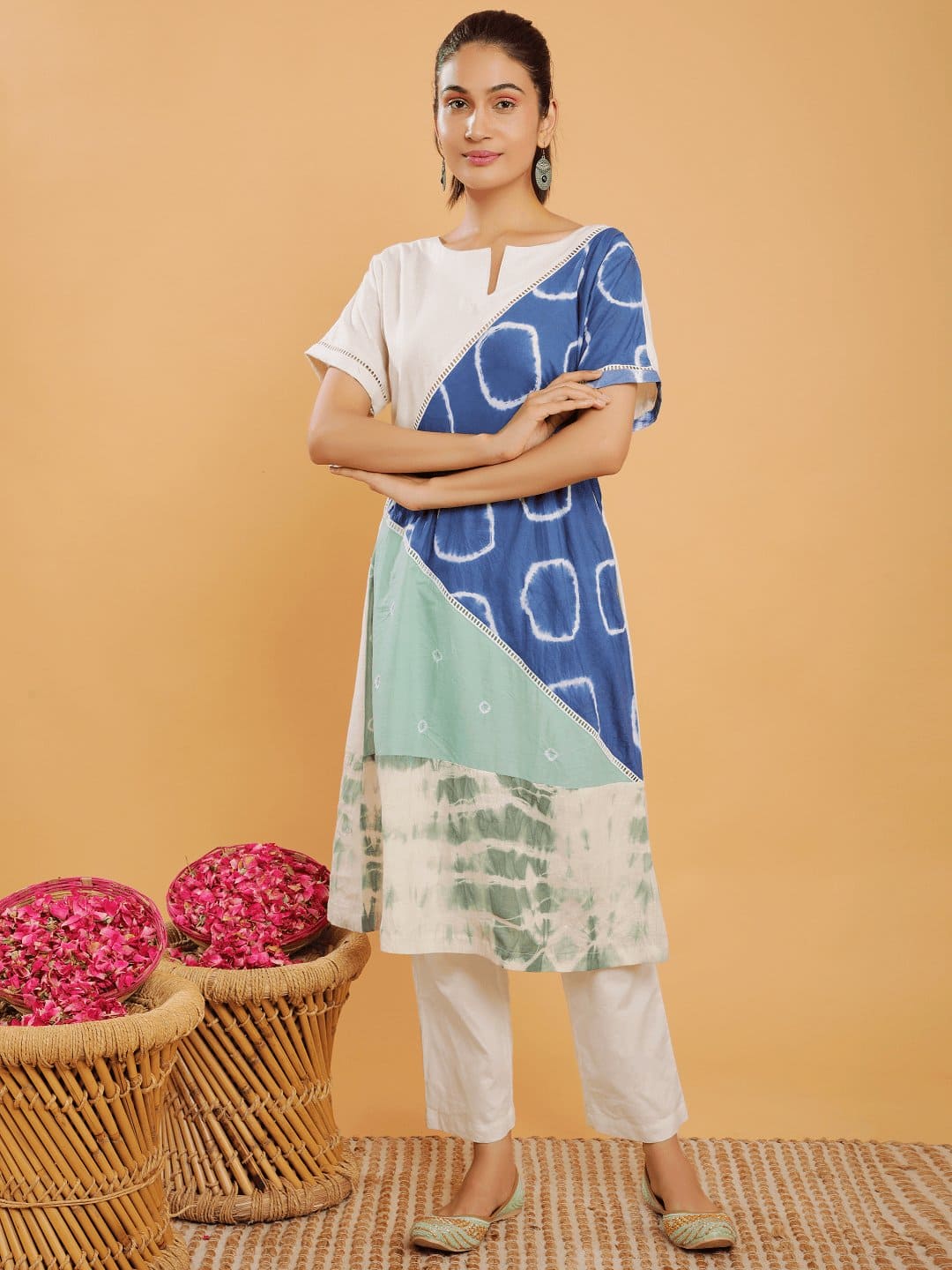 Upcycled Shift A - Line Kurta Set - Blue - Charkha TalesUpcycled Shift A - Line Kurta Set - Blue