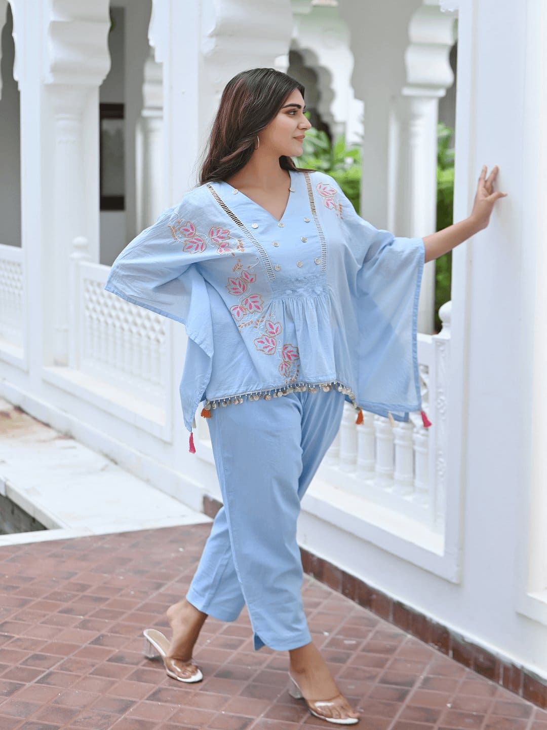 Utsav Chikankari Co - Ordinate Set - Sky Blue - Charkha TalesUtsav Chikankari Co - Ordinate Set - Sky Blue