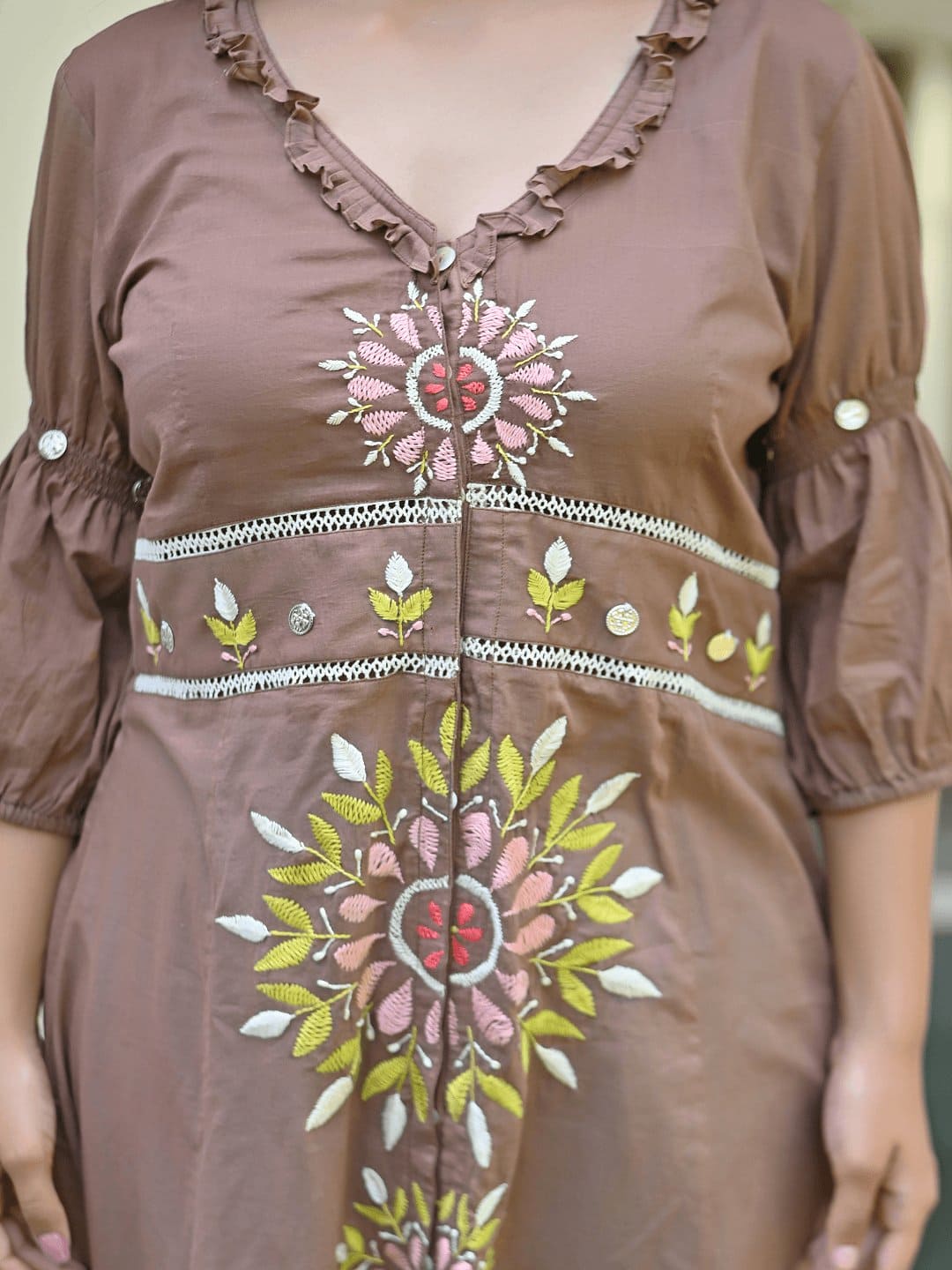 Utsav Chikankari Front Open Dress - Brown - Charkha TalesUtsav Chikankari Front Open Dress - Brown