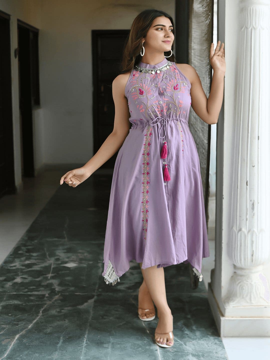 Utsav Chikankari Halter - Neck Dress - Mauve - Charkha TalesUtsav Chikankari Halter - Neck Dress - Mauve