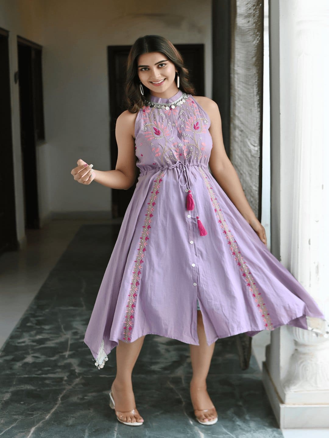 Utsav Chikankari Halter - Neck Dress - Mauve - Charkha TalesUtsav Chikankari Halter - Neck Dress - Mauve