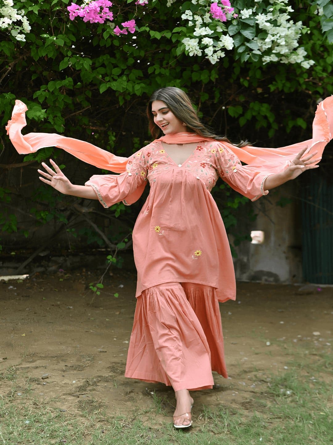 Utsav Chikankari Sharara Kurta Set - Peach - Charkha TalesUtsav Chikankari Sharara Kurta Set - Peach