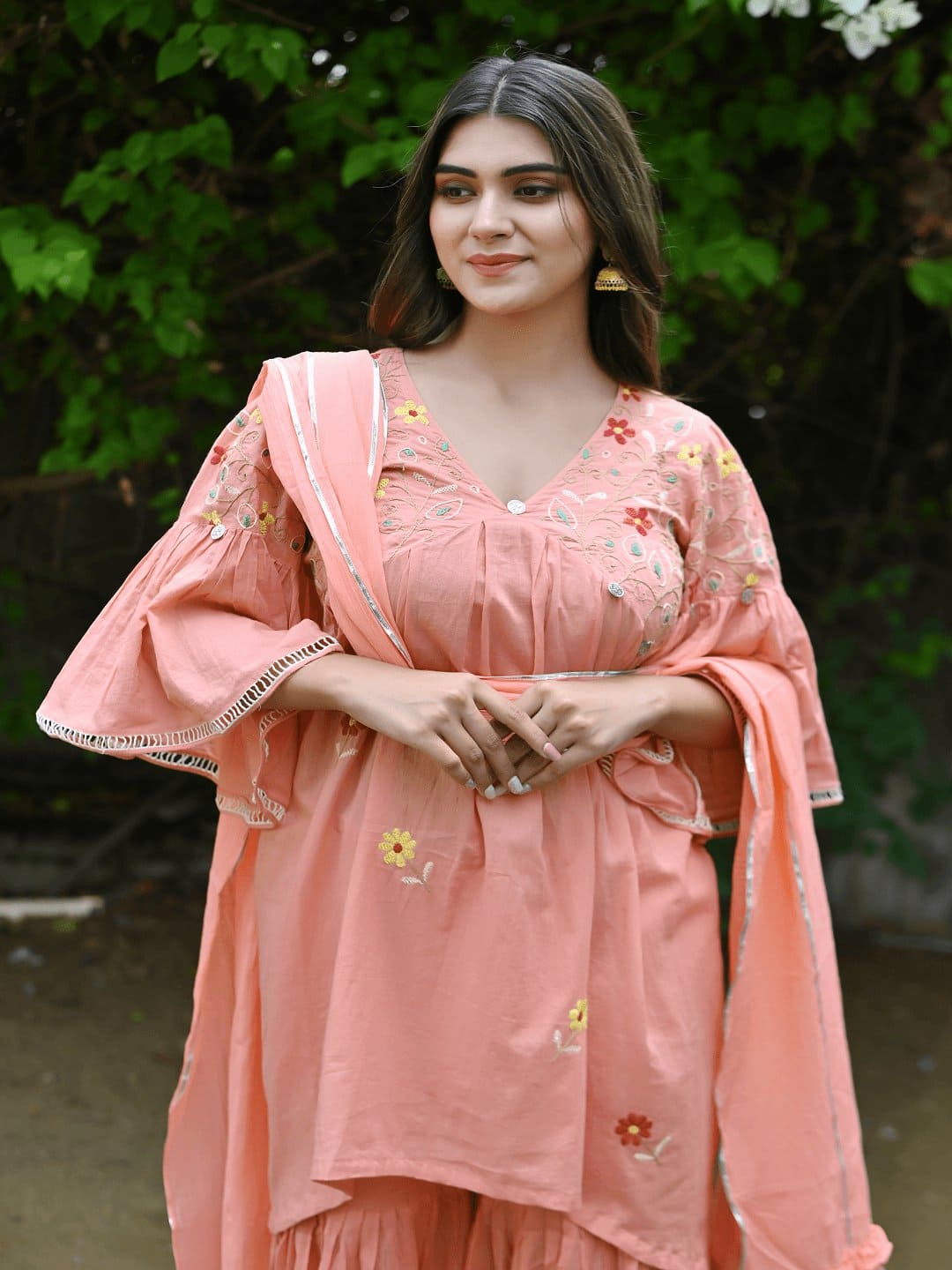 Utsav Chikankari Sharara Kurta Set - Peach - Charkha TalesUtsav Chikankari Sharara Kurta Set - Peach