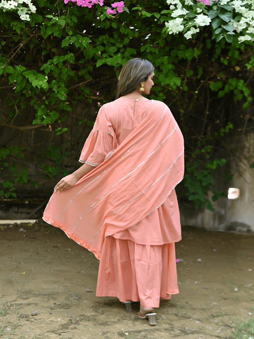 Utsav Chikankari Sharara Kurta Set - Peach - Charkha TalesUtsav Chikankari Sharara Kurta Set - Peach