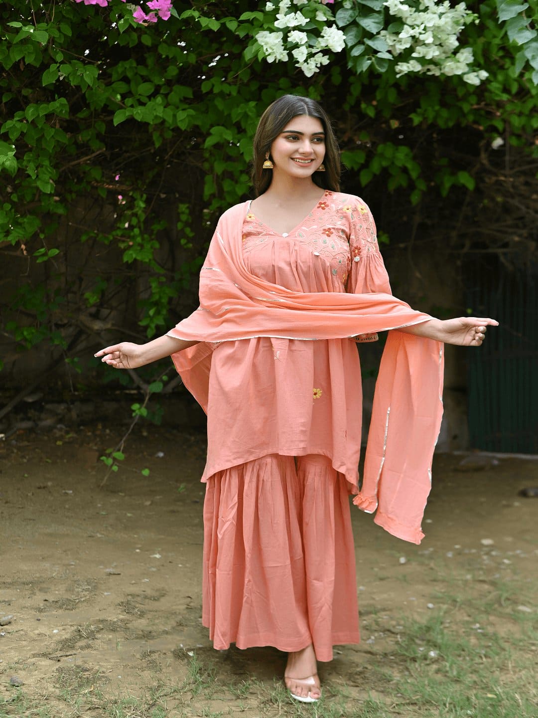 Utsav Chikankari Sharara Kurta Set - Peach - Charkha TalesUtsav Chikankari Sharara Kurta Set - Peach