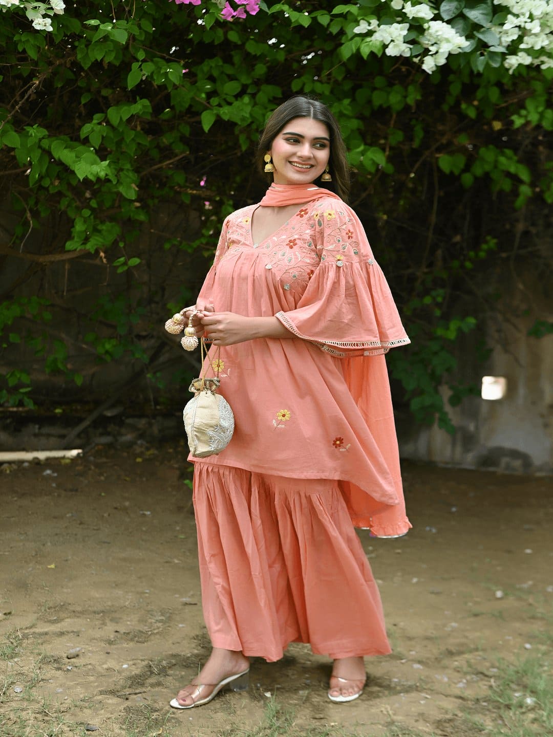 Utsav Chikankari Sharara Kurta Set - Peach - Charkha TalesUtsav Chikankari Sharara Kurta Set - Peach