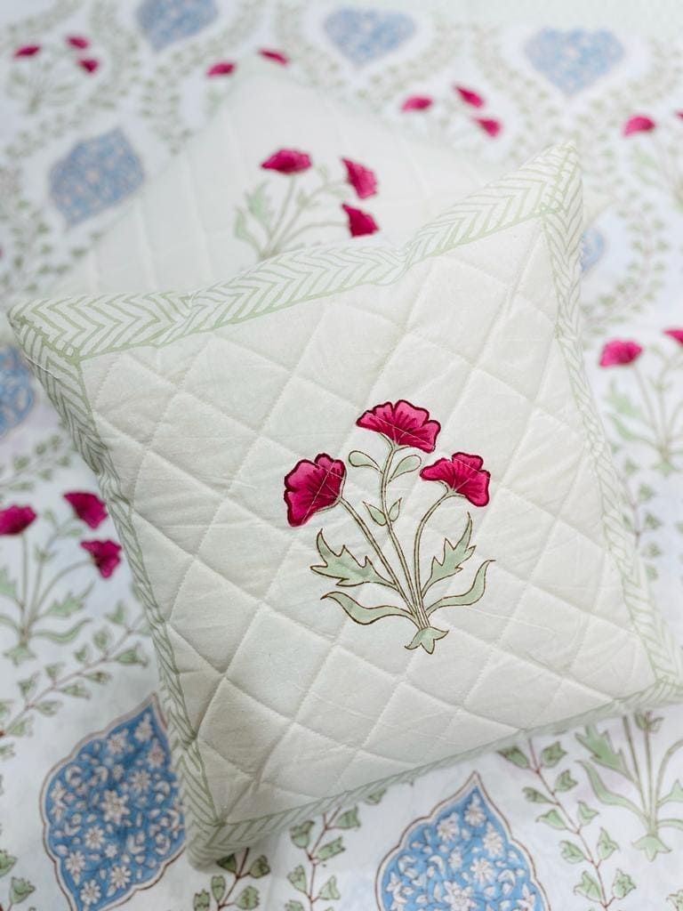 White Block Print Cotton Cushion - Charkha TalesWhite Block Print Cotton Cushion
