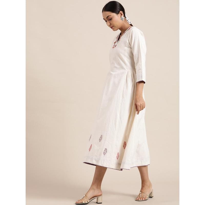 White Cotton Embroidered Dress - Charkha TalesWhite Cotton Embroidered Dress