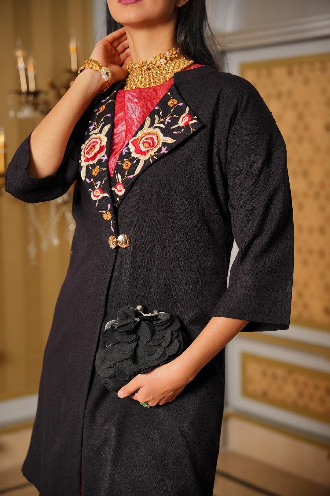 Wollen Coat Parsi Embroidered Jacket - Black - Charkha TalesWollen Coat Parsi Embroidered Jacket - Black