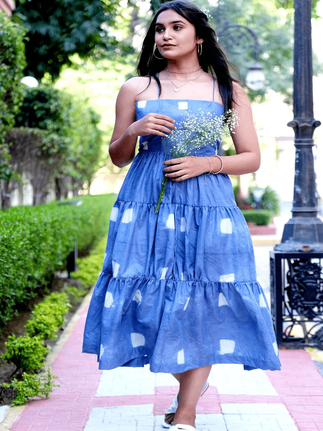 Women Blue Clamp Dye Dress - Charkha TalesWomen Blue Clamp Dye Dress