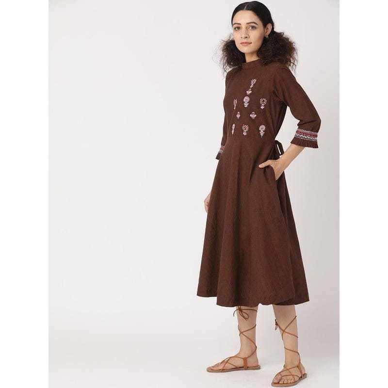 Women Boho Dress - Brown - Charkha TalesWomen Boho Dress - Brown