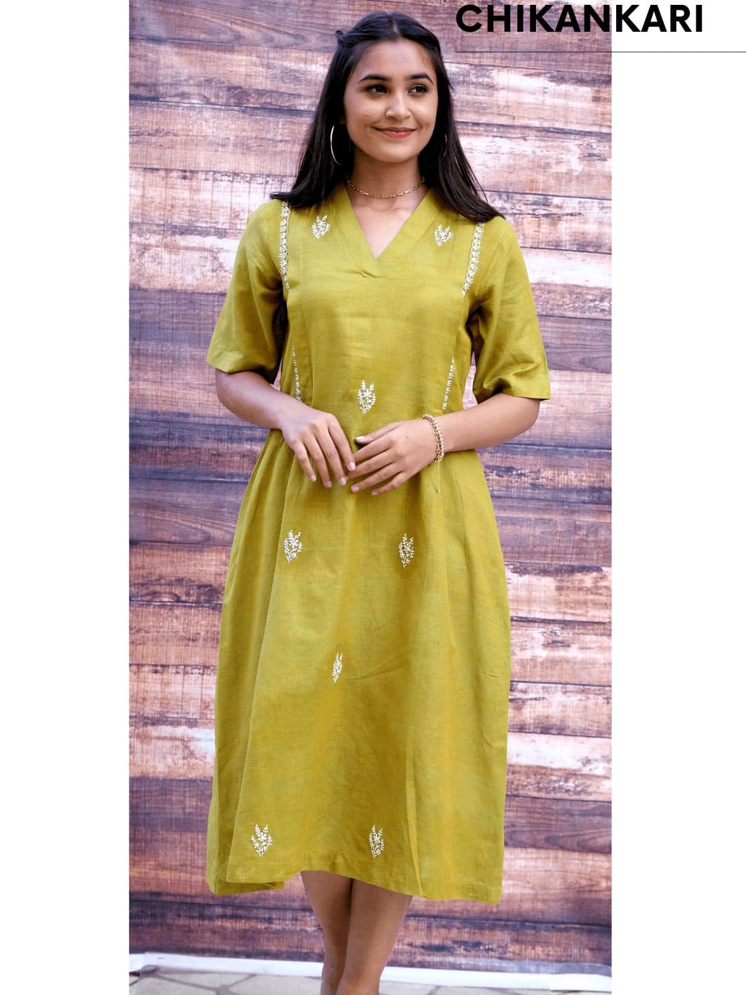 Women Chikankari Cotton Dress - Green - Charkha TalesWomen Chikankari Cotton Dress - Green