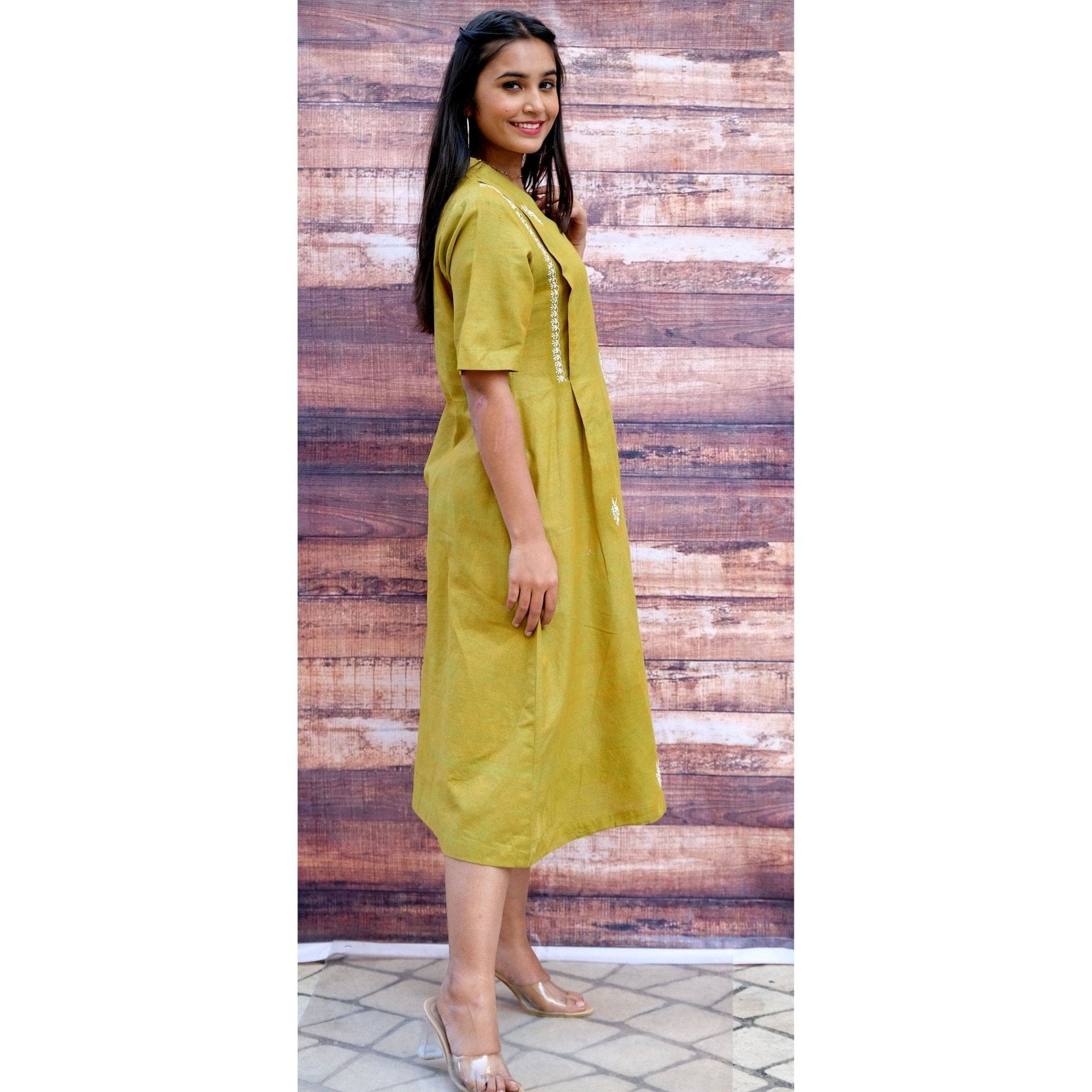 Women Chikankari Cotton Dress - Green - Charkha TalesWomen Chikankari Cotton Dress - Green