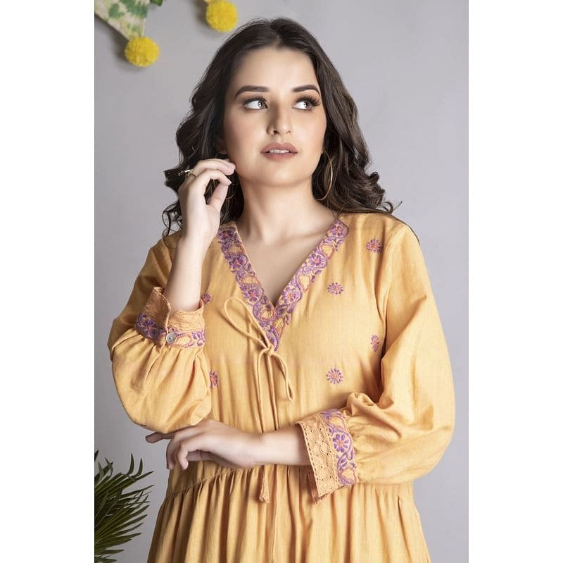 Women Chikankari Dress - Mustard Yellow - Charkha TalesWomen Chikankari Dress - Mustard Yellow