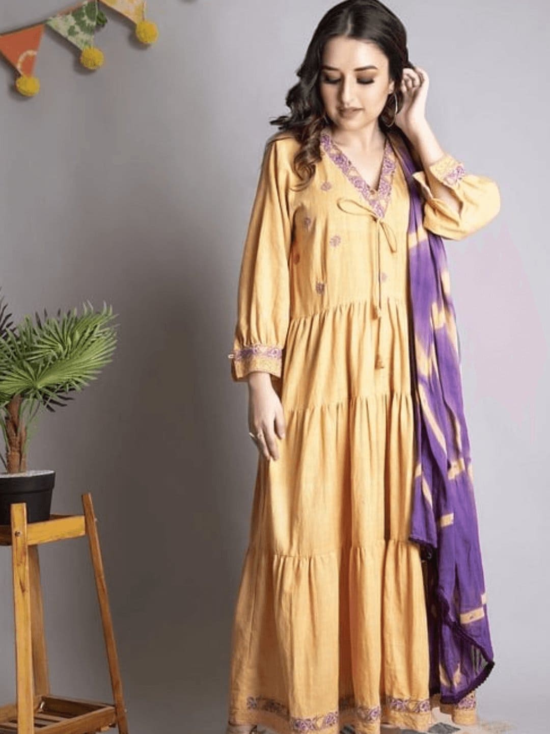 Women Chikankari Dress - Mustard Yellow - Charkha TalesWomen Chikankari Dress - Mustard Yellow