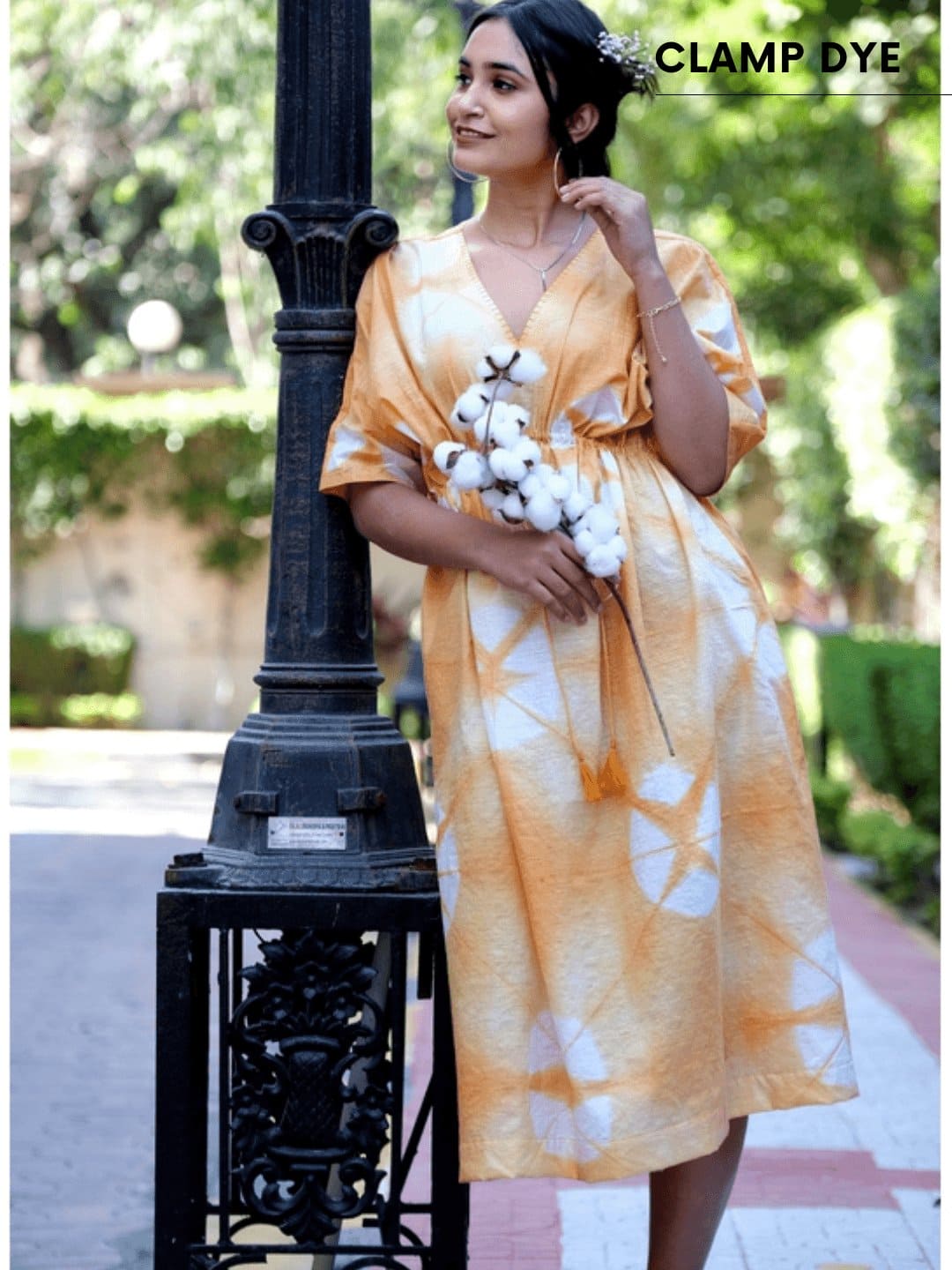 Women Clamp Dye Kaftaan Dress - Yellow - Charkha TalesWomen Clamp Dye Kaftaan Dress - Yellow