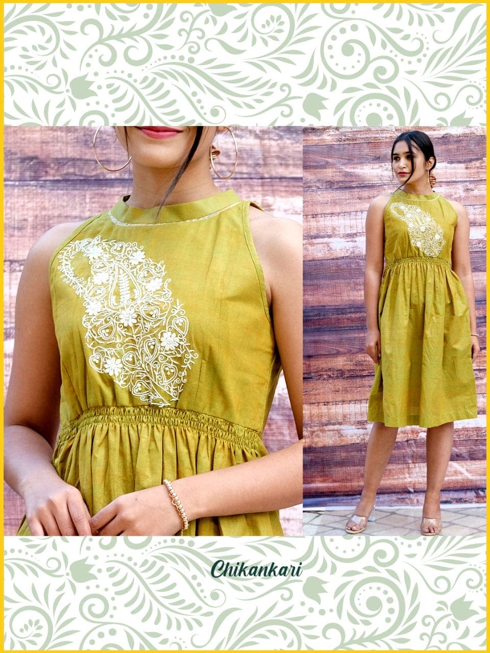Women Cotton Chikankari Dress - Green - Charkha TalesWomen Cotton Chikankari Dress - Green