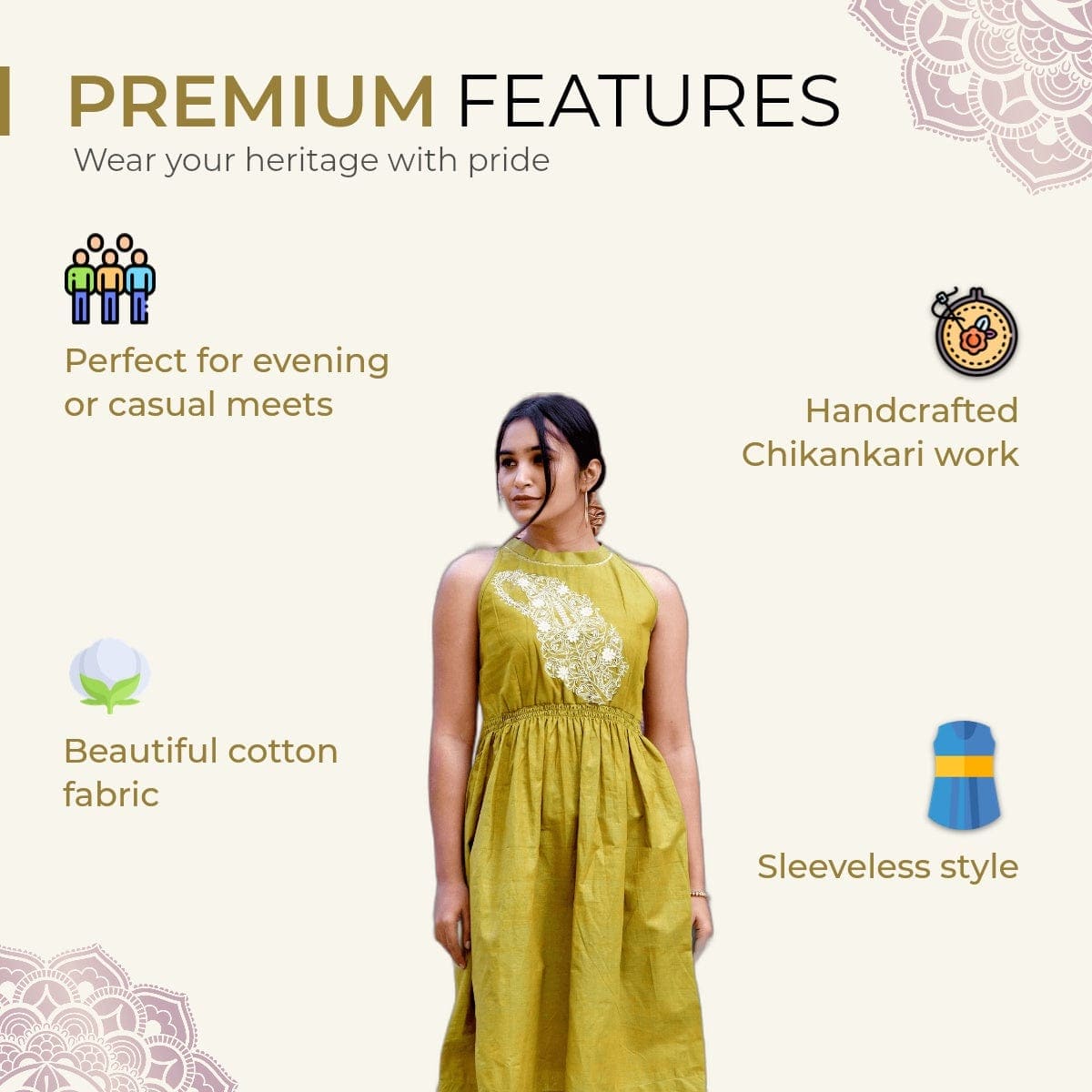 Women Cotton Chikankari Dress - Green - Charkha TalesWomen Cotton Chikankari Dress - Green