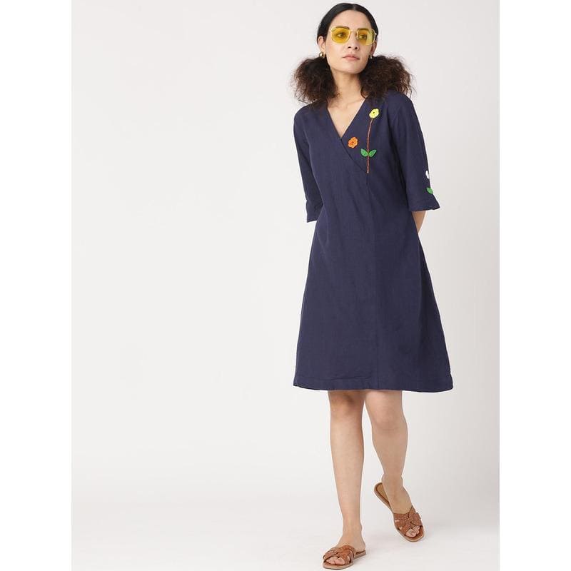 Women Crochet Short Dress - Navy Blue - Charkha TalesWomen Crochet Short Dress - Navy Blue