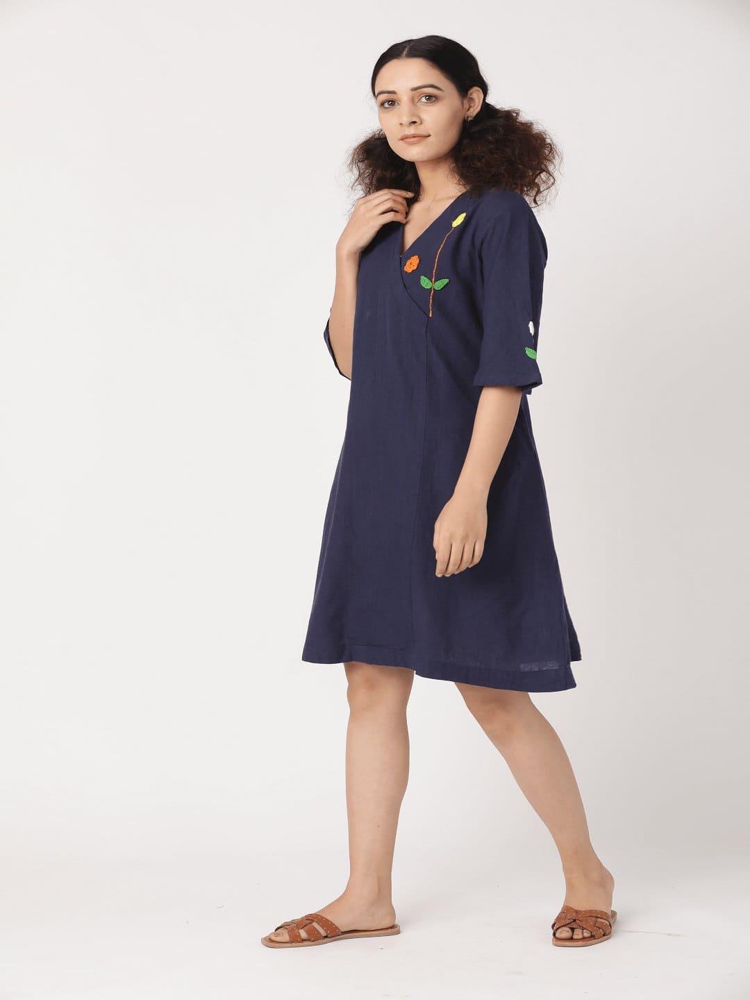 Women Crochet Short Dress - Navy Blue - Charkha TalesWomen Crochet Short Dress - Navy Blue