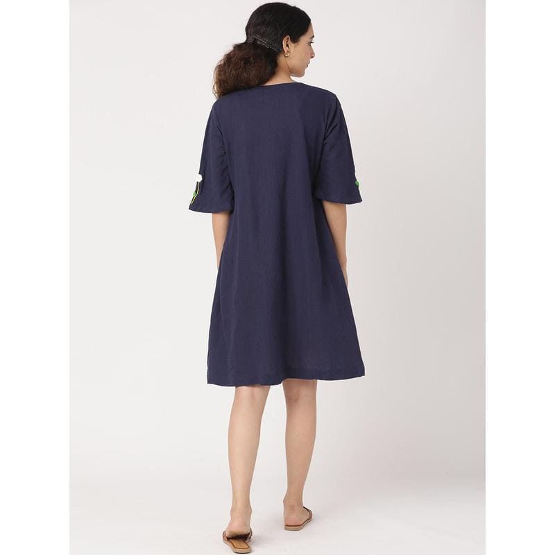 Women Crochet Short Dress - Navy Blue - Charkha TalesWomen Crochet Short Dress - Navy Blue