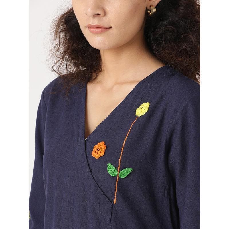 Women Crochet Short Dress - Navy Blue - Charkha TalesWomen Crochet Short Dress - Navy Blue