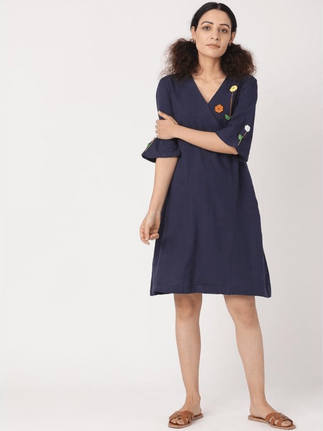 Women Crochet Short Dress - Navy Blue - Charkha TalesWomen Crochet Short Dress - Navy Blue