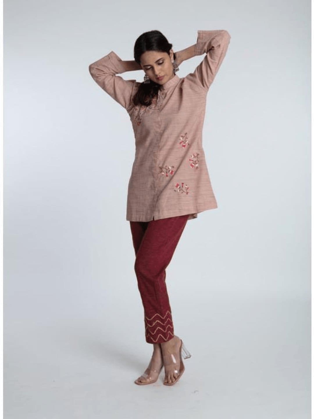 Women Embroidered Cotton Top Set - Mauve - Charkha TalesWomen Embroidered Cotton Top Set - Mauve