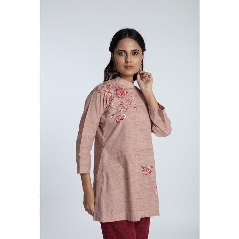 Women Embroidered Cotton Top Set - Mauve - Charkha TalesWomen Embroidered Cotton Top Set - Mauve