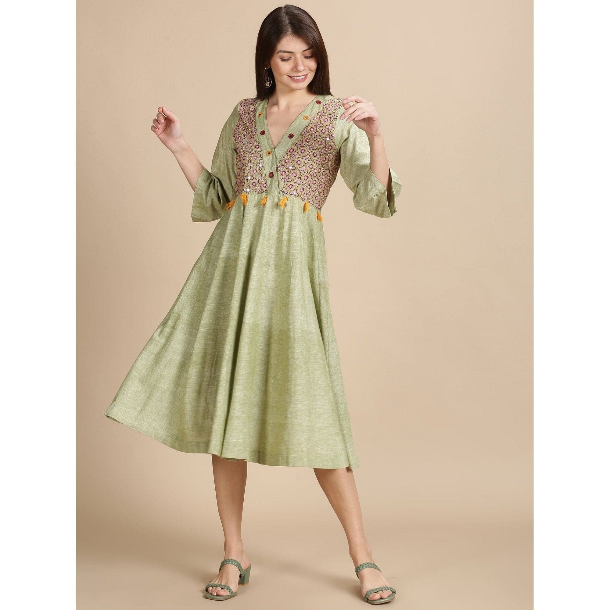 Women Embroidered Dress - Green - Charkha TalesWomen Embroidered Dress - Green
