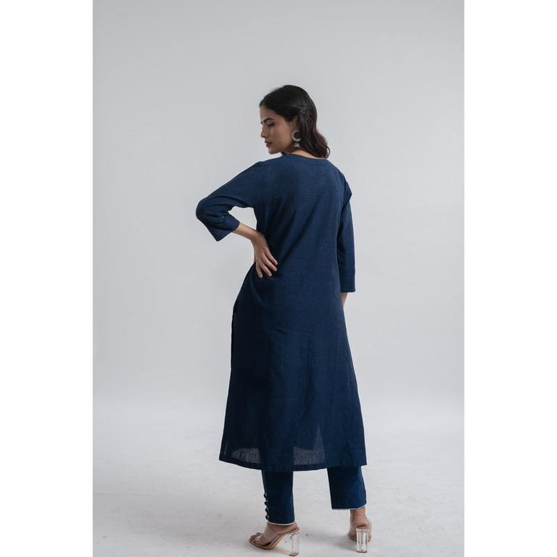 Women Embroidered Kurta Set - Navy Blue - Charkha TalesWomen Embroidered Kurta Set - Navy Blue