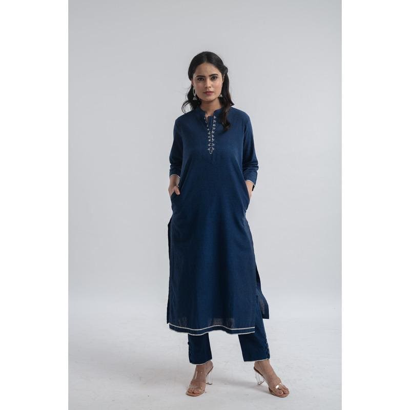 Women Embroidered Kurta Set - Navy Blue - Charkha TalesWomen Embroidered Kurta Set - Navy Blue