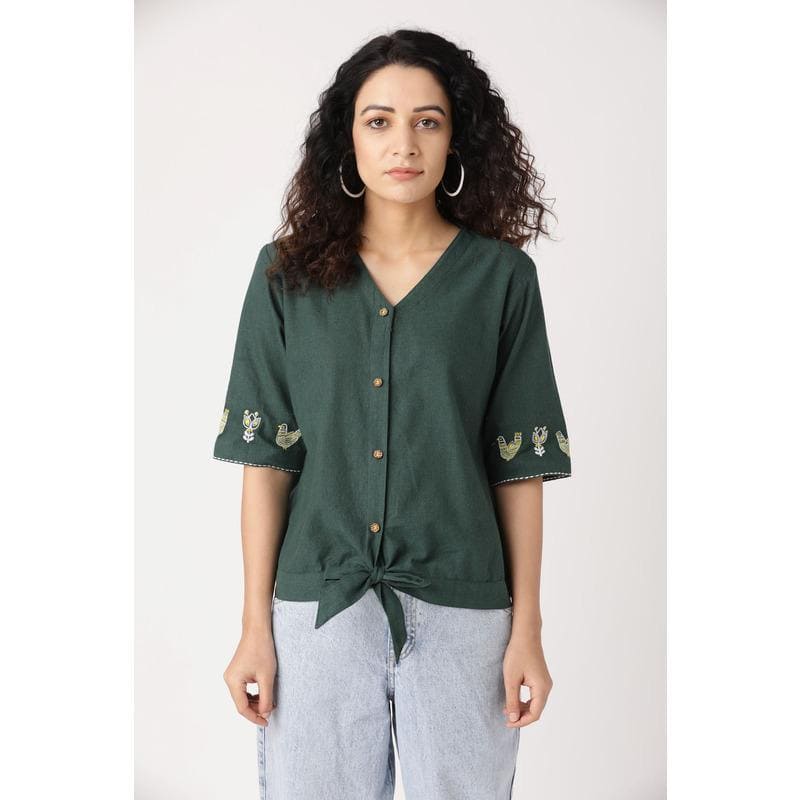 Women Embroidered Top - Green - Charkha TalesWomen Embroidered Top - Green