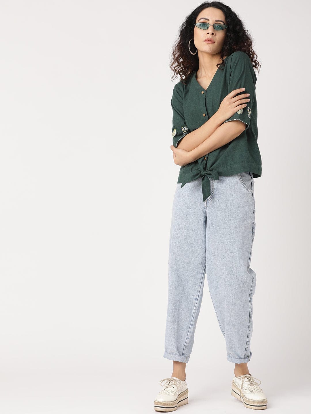 Women Embroidered Top - Green - Charkha TalesWomen Embroidered Top - Green