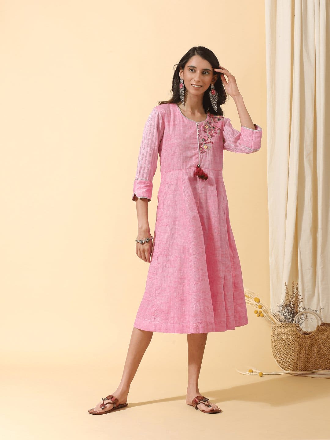 Women Floral Colourful Dress - Pink - Charkha TalesWomen Floral Colourful Dress - Pink